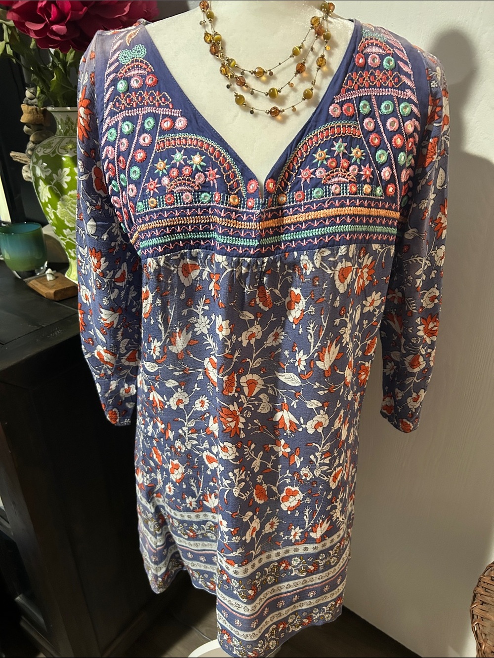 Advance Apparels Embroidered V-Neck Floral Tunic - Blue & Orange